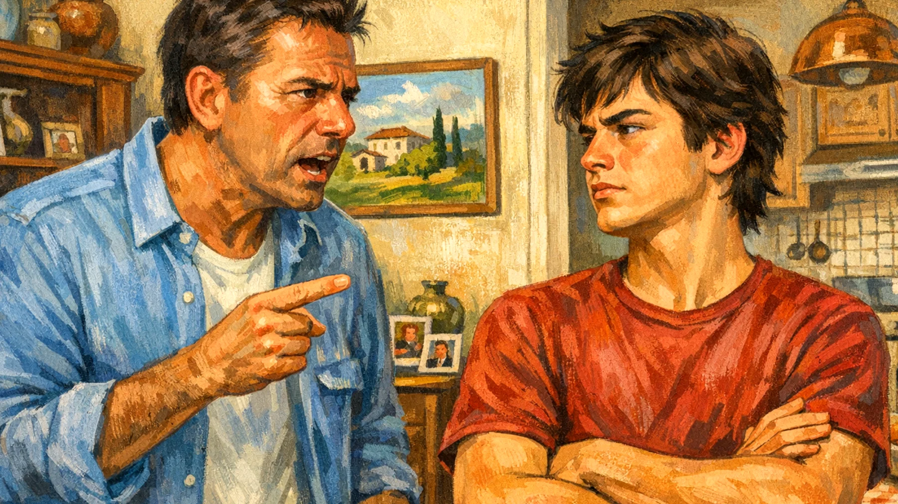 Papà che fatica a stabilire e far rispettare regole e limiti con il figlio adolescente, generando conflitti ricorrenti e tensioni familiari"